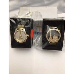 Paris Eiffel Tower Rhinestone Dial QuartzAnalog Wrist Set Watch StainlessSteel